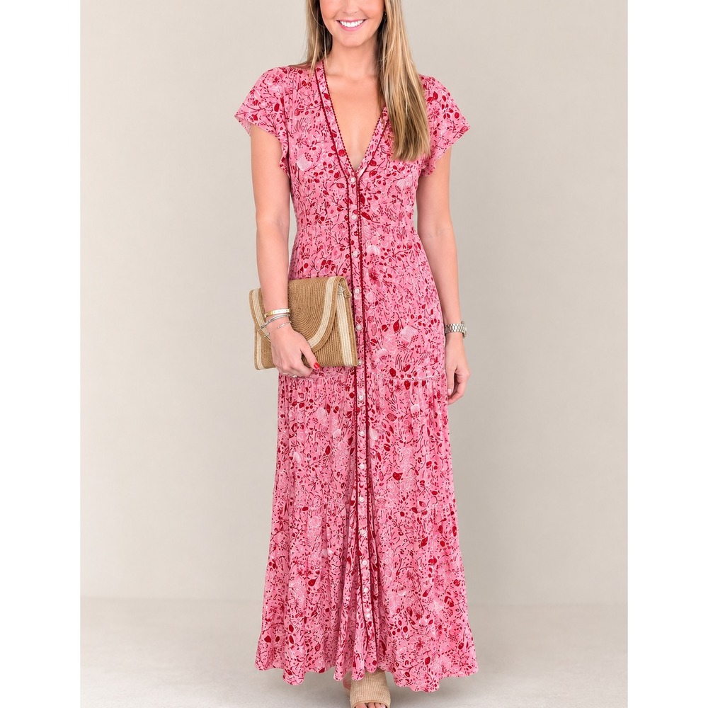 Poupette St Barth Maxi Dress XS Pink Floral Tiered Button Up Flutter Sleeve Boho
